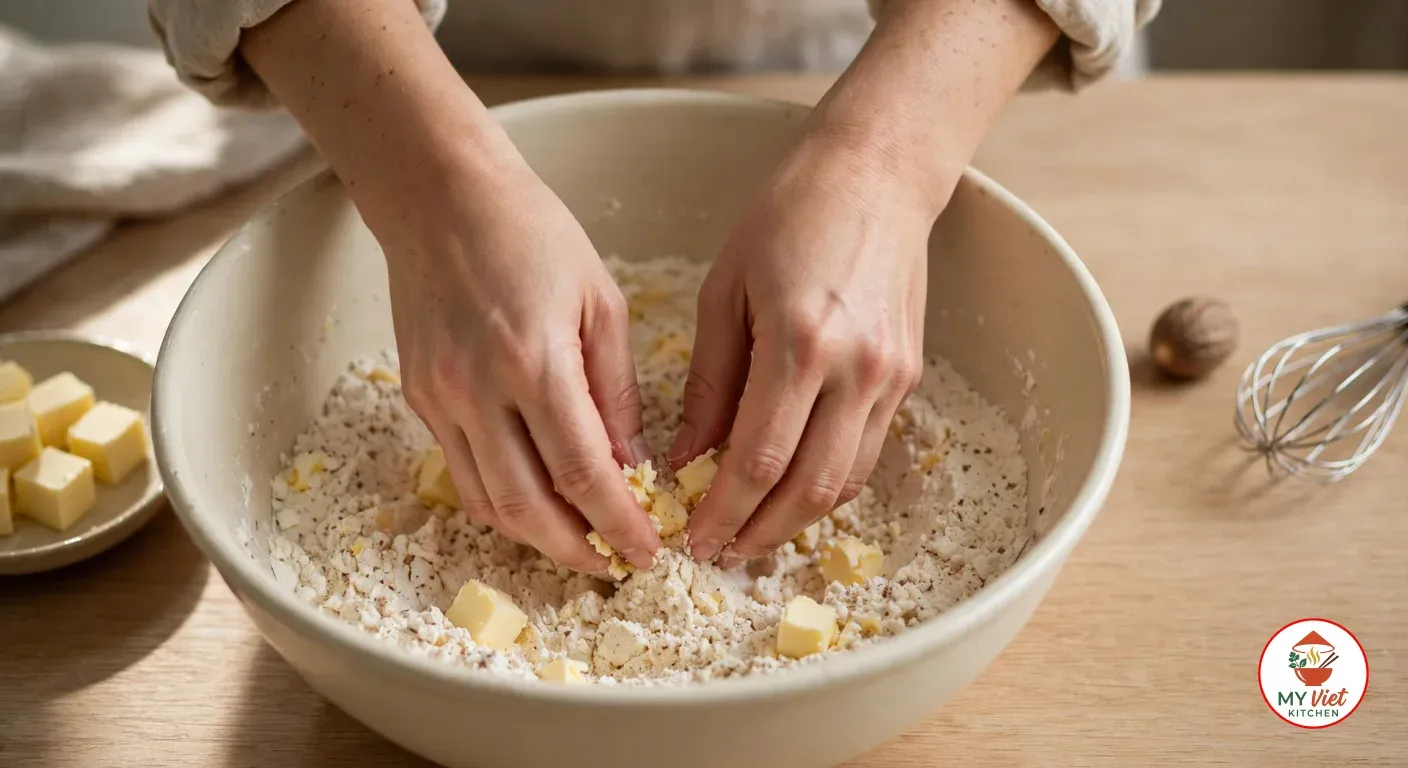 Two hands rubbing cubes of cold butter into nutmeg-flecked flour in a cream ceramic mixing bowl, the mixture turning to coarse crumbs, beside a dish of butter cubes, a whole nutmeg and a whisk on an oak counter