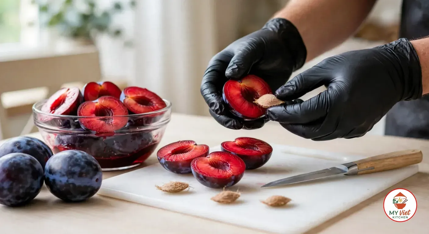 Two hands in black nitrile gloves pulling a flat, fibrous stone from a crimson Davidson plum half over a white plastic board, with three cut halves, three fringed stones and a paring knife on the board, a glass bowl of pitted halves in their juice and two whole dark plums beside it