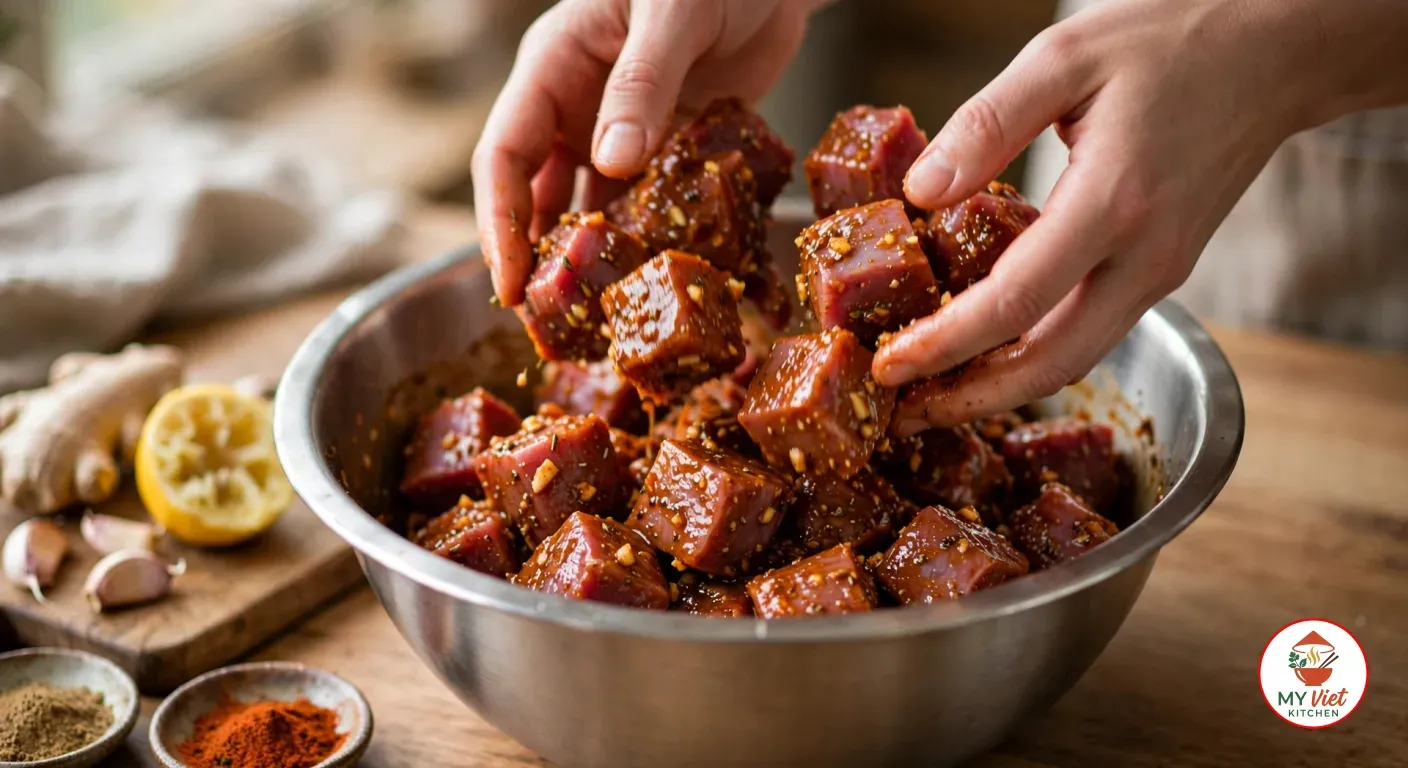 Tossing cubes of raw goat meat by hand in a large stainless steel bowl until each is coated in a glossy reddish-brown marinade flecked with minced garlic and spices, a knob of fresh ginger, garlic cloves and a squeezed lemon half on a wooden board and small dishes of ground cumin and paprika beside it
