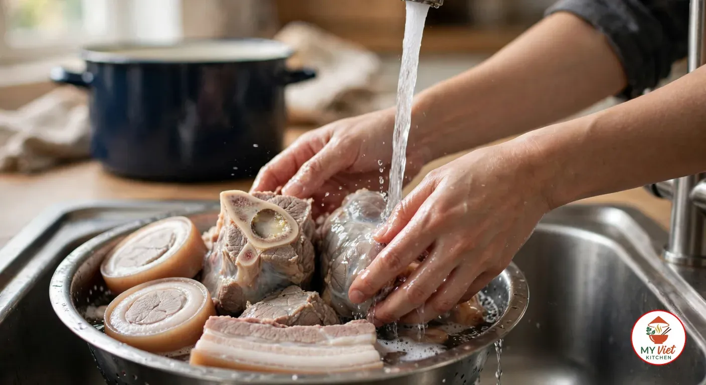 Hands rinsing parboiled beef bones, beef shank, rounds of pork hock and pork belly in a colander under cold running water, an enamel stockpot behind