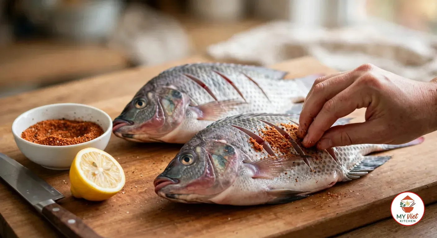 Rubbing a paprika spice mix into the deep diagonal cuts of a whole raw tilapia-like fish on a wooden board, beside a second scored fish, a small white bowl of the spice mix, half a lemon and a chef's knife