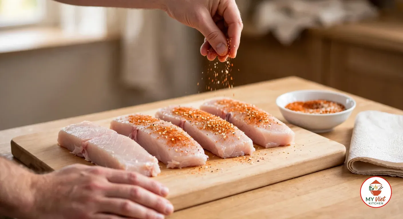 Hands sprinkling a smoked paprika seasoning mix over four raw, pale pink crocodile tail steaks on a wooden cutting board, a small white bowl of the spice mix and folded paper towels beside it