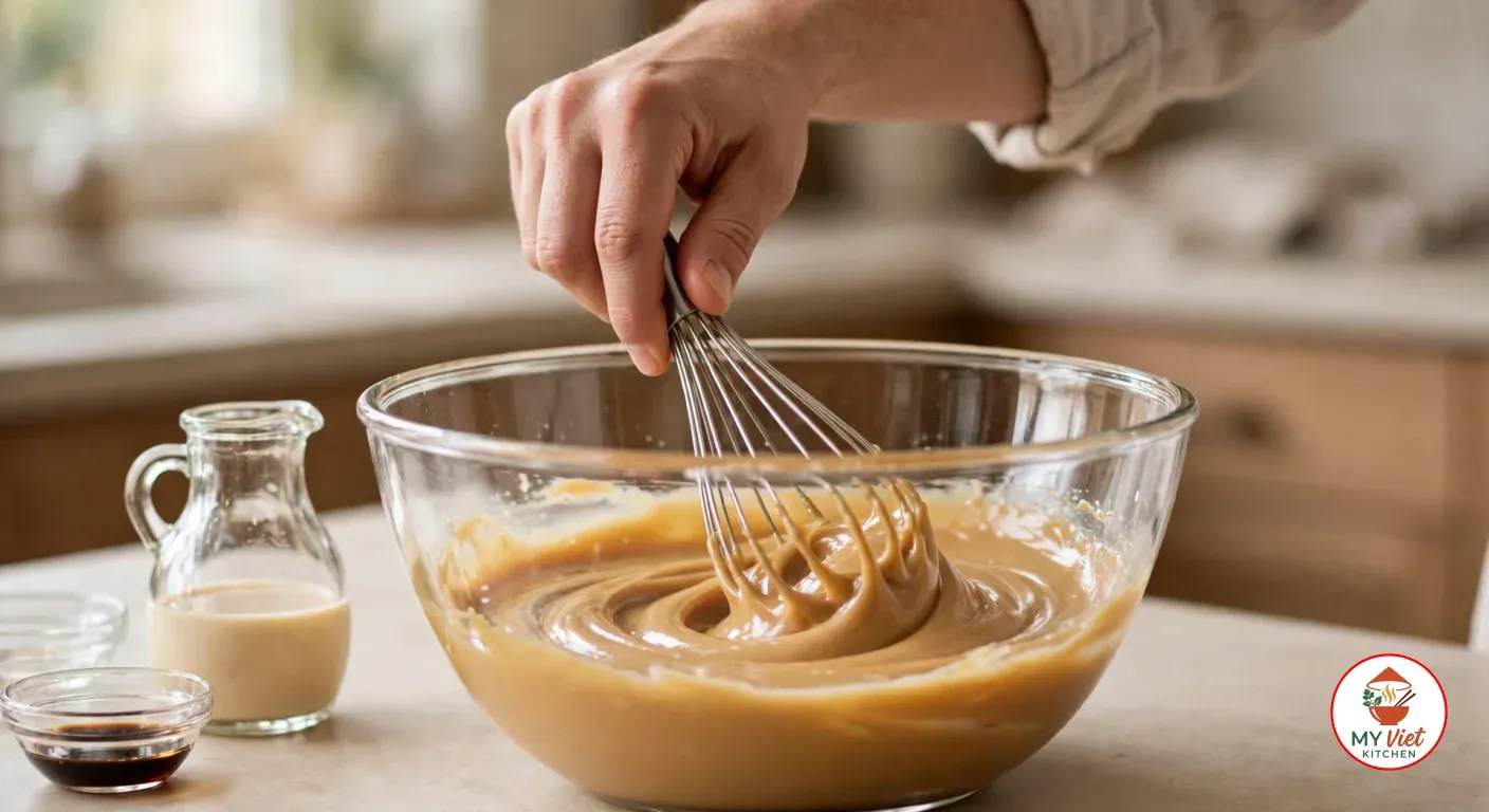 Whisking Amarula and condensed milk into a thick, golden base in a large glass bowl, beside a jug of liqueur and a dish of vanilla