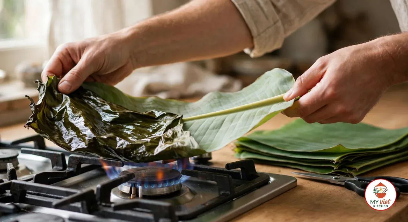 Passing a large banana leaf just above the blue flame of a gas burner with both hands, the wilted end gone glossy and dark green while the rest is still matte pale green, a stack of fresh banana leaves and a pair of kitchen scissors on the wooden counter beside the stove