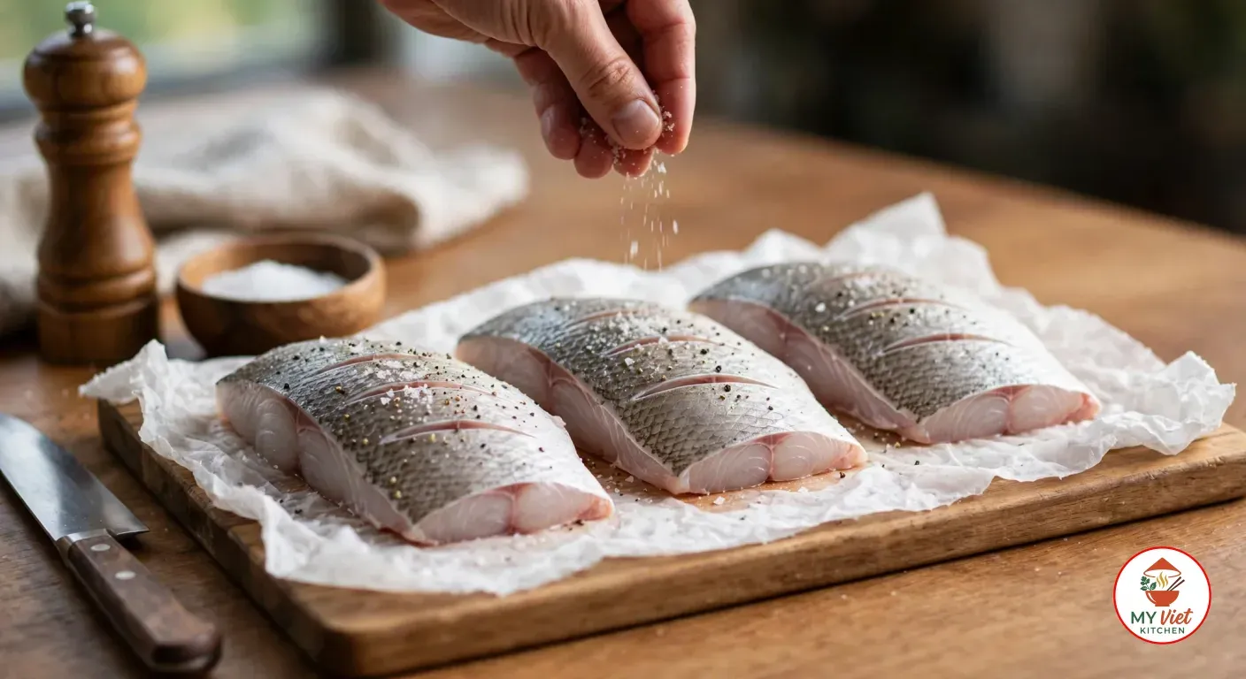 Sprinkling salt over three raw skin-on barramundi fillets with silvery skin scored in shallow diagonal cuts and seasoned with salt and cracked black pepper, on white paper towels on a wooden cutting board, a wooden pepper mill, a bowl of salt and a chef's knife beside it