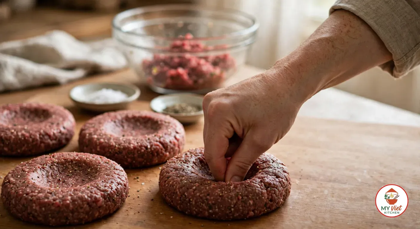 Pressing a thumb into the centre of a raw seasoned beef patty on a wooden board to make a dimple, three more shaped and dimpled patties beside it, with a glass bowl of leftover mince and small dishes of salt and black pepper behind