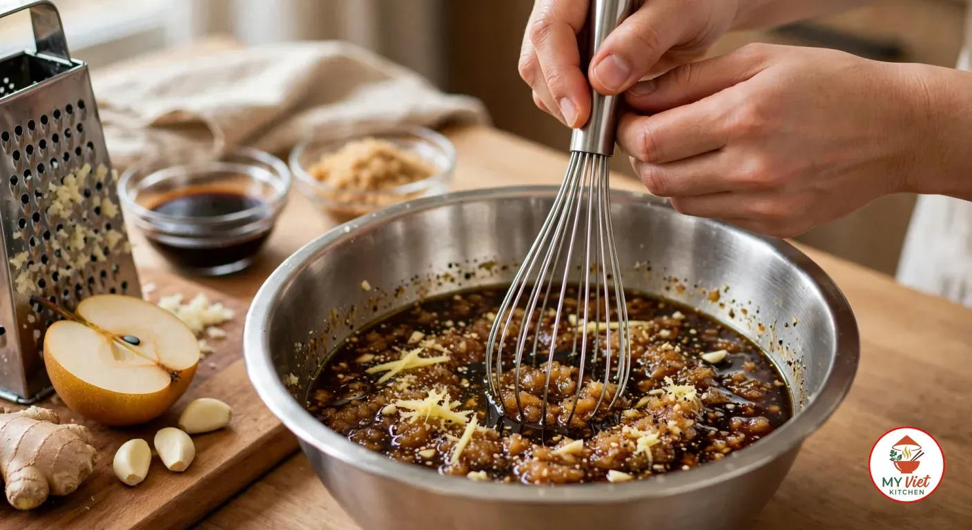 Whisking a dark soy sauce marinade thick with grated Asian pear, minced garlic, grated ginger and black pepper in a large stainless steel bowl, with a box grater, half an Asian pear, garlic cloves and fresh ginger on a wooden board and small glass bowls of soy sauce and brown sugar behind