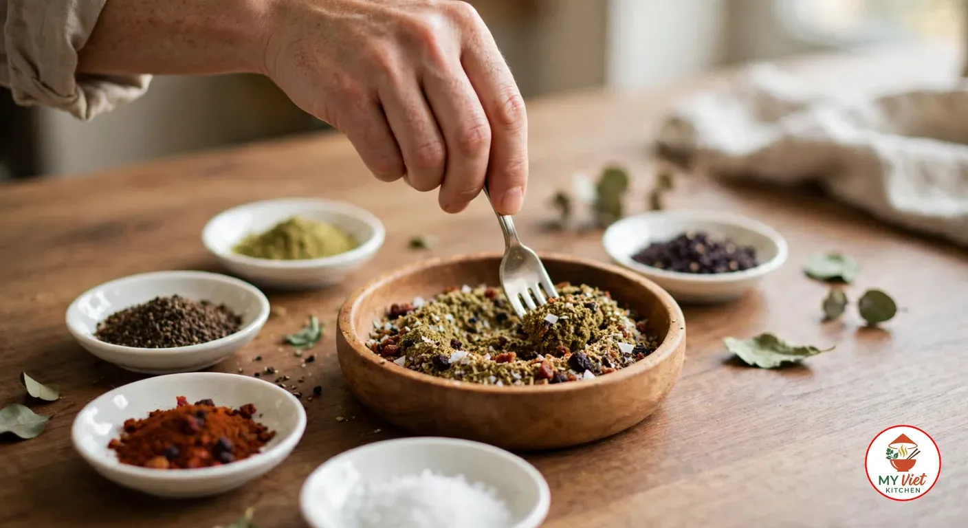 Stirring a bush spice blend with a fork in a small wooden bowl on a wooden counter, surrounded by small white dishes of olive-green ground lemon myrtle, dark ground wattleseed, purple-black pepperberry, rust-red bush tomato and sea salt flakes, a few dried leaves scattered around