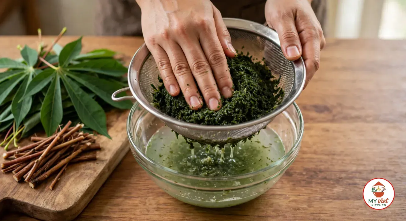 Pressing boiled, finely ground cassava leaves in a fine-mesh sieve over a glass bowl of green cooking water, beside fresh cassava leaves and a pile of stripped stalks on a wooden board