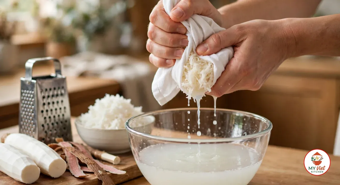 Squeezing grated cassava in a white cotton towel over a glass bowl of cloudy juice, beside peeled cassava roots, strips of brown and pink peel, a cut-out core, a box grater and a bowl of grated cassava on a wooden board