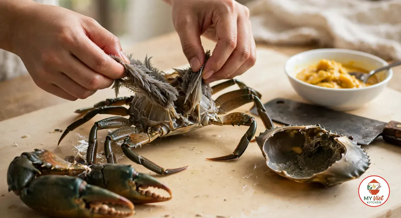 Two hands pulling the grey, feathery gills from a raw olive-green mud crab with its top shell removed on a wooden board, beside the empty top shell, two detached raw claws, a cleaver and a white bowl of yellow tomalley