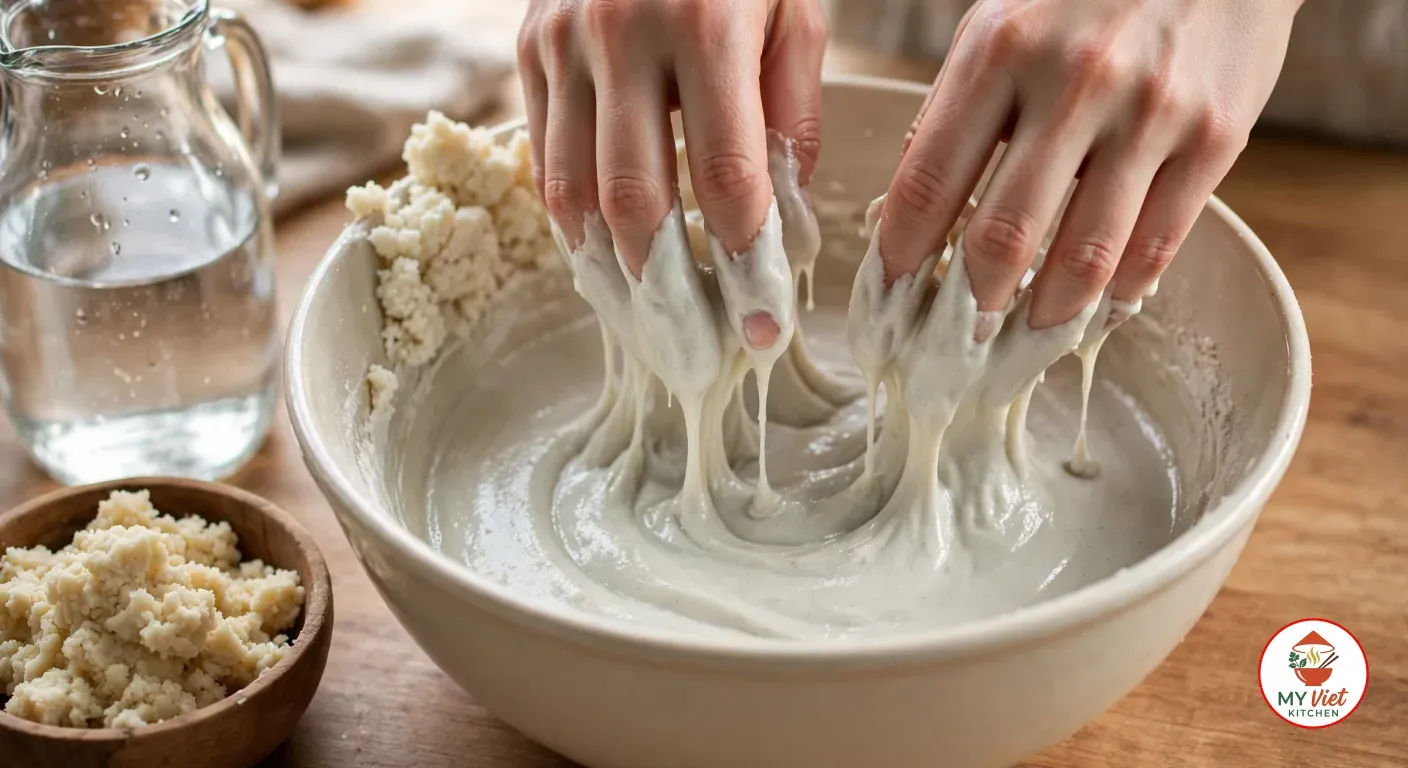 Hands mixing fermented corn dough and cassava dough with water into a smooth, thick off-white batter in a large cream ceramic bowl, crumbly dough in a wooden bowl and a glass jug of water beside it on a wooden counter