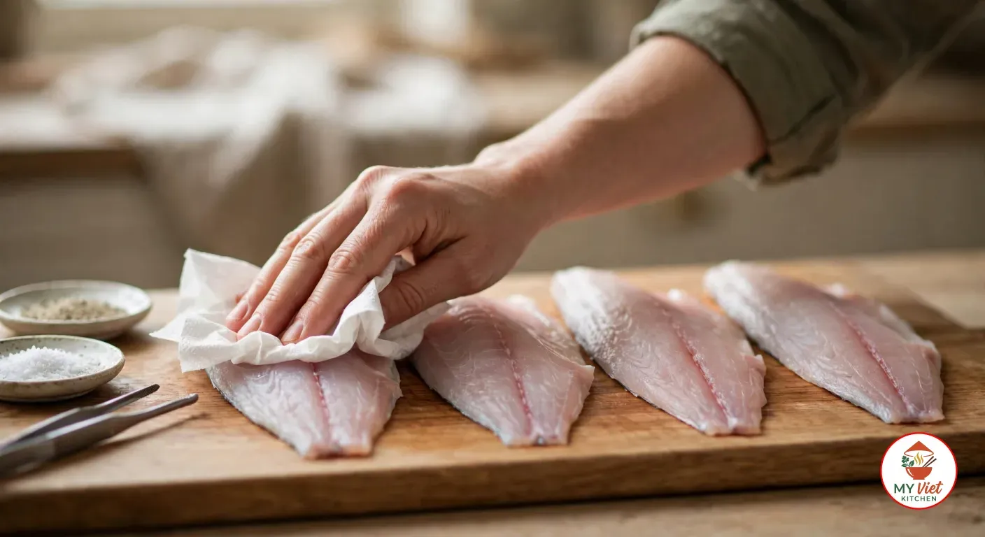Patting raw skinless flathead fillets dry with a paper towel on a wooden cutting board, four pinkish-white fillets in a row, small dishes of salt and white pepper and a pair of fish tweezers beside them