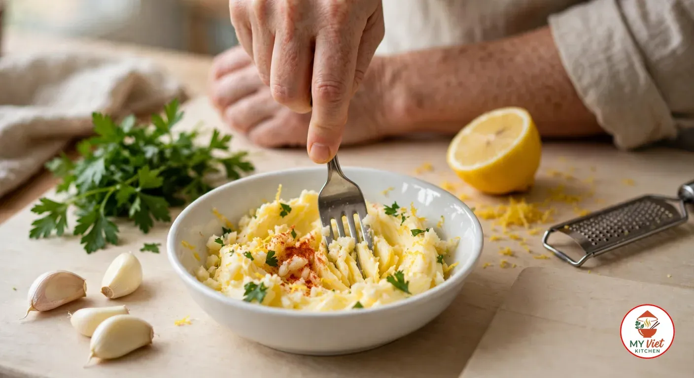 Mashing softened butter with minced garlic, chopped parsley, lemon zest and smoked paprika using a fork in a small white bowl, with garlic cloves, parsley, a zested lemon half and a fine grater on the wooden board