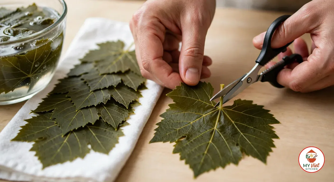 Two hands snipping the stem off a flat, dark olive-green grape leaf with black-handled scissors on a light wooden counter, beside a white towel of overlapping leaves laid vein side up and a glass bowl of cold water with more leaves soaking