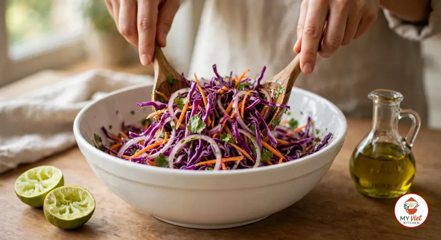 Two hands tossing purple cabbage, carrot, sliced red onion and coriander with wooden salad servers in a large white bowl, beside squeezed lime halves and a small glass jug of olive oil