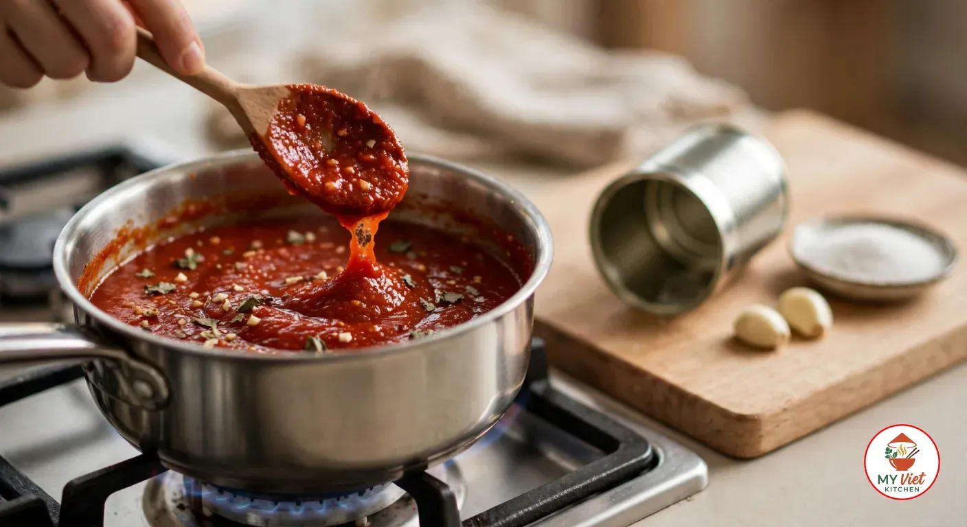 A hand lifting a wooden spoonful of thick napoli sauce flecked with garlic and dried basil from a stainless steel saucepan on a gas burner, beside an empty tin, a dish of sugar and two garlic cloves on a wooden board
