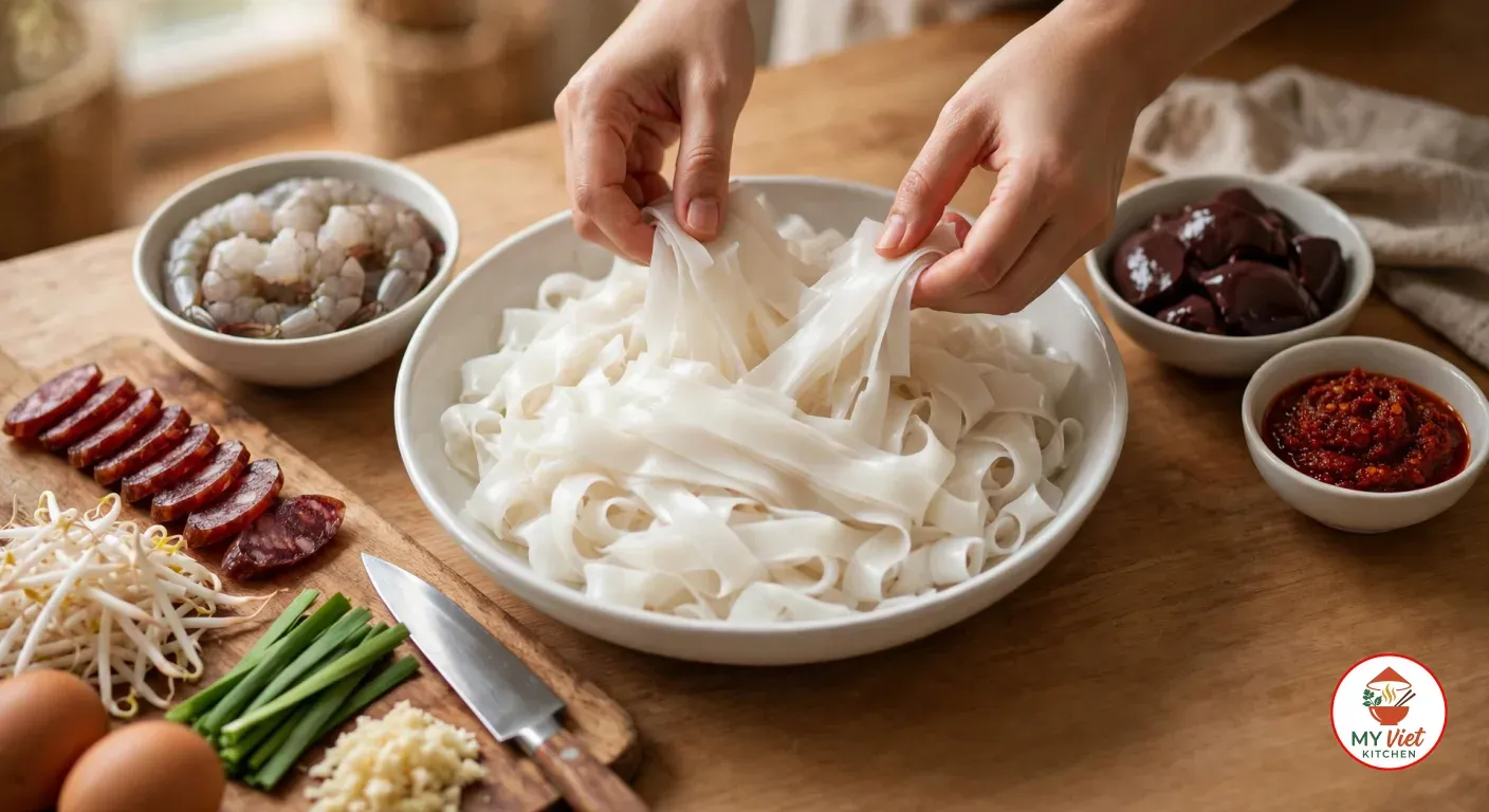 Hands peeling apart fresh flat rice noodles in a white bowl, surrounded by peeled prawns, sliced Chinese sausage, bean sprouts, garlic chives, minced garlic, two eggs, cockle meat and chili paste on a wooden counter