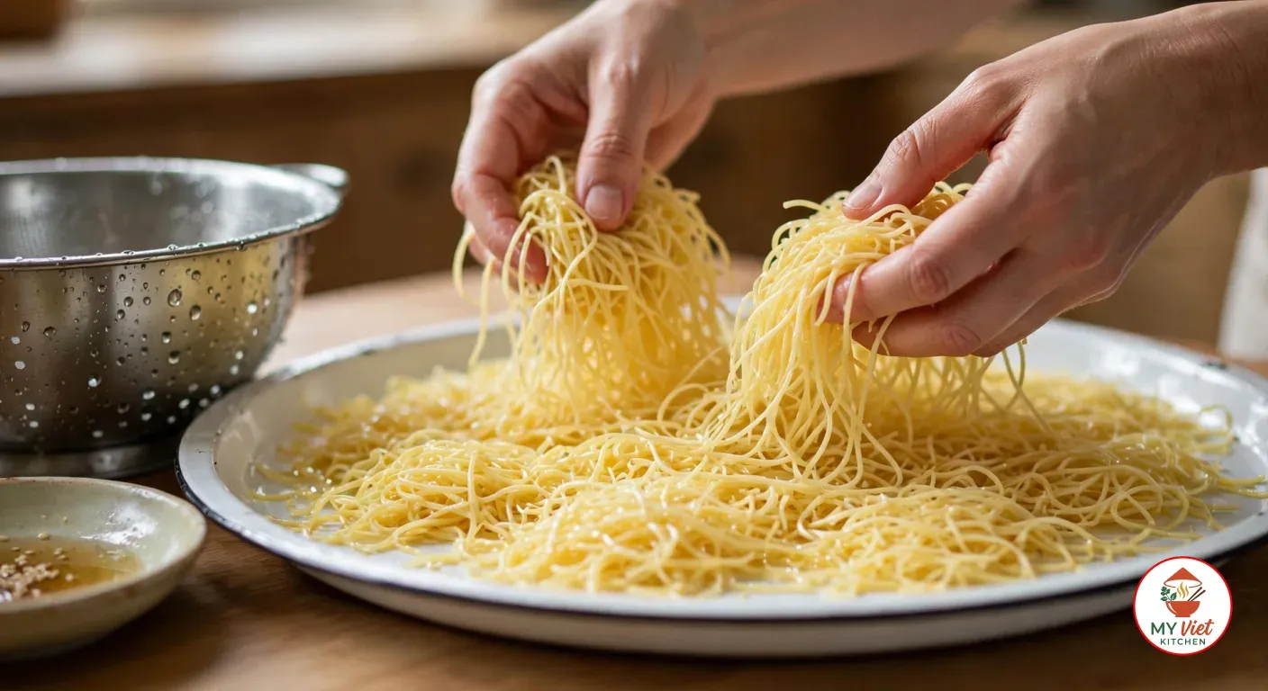 Two hands lifting and fluffing boiled thin egg noodles spread out to dry on a white enamel tray, beside a wet metal colander and a small dish of sesame oil