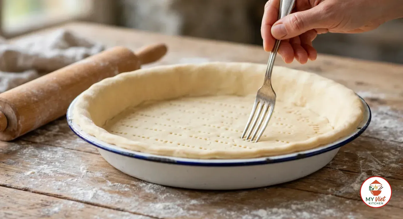 Pricking the base of a raw puff-pastry case with a fork in a white enamel pie dish, with a floured rolling pin on the wooden table