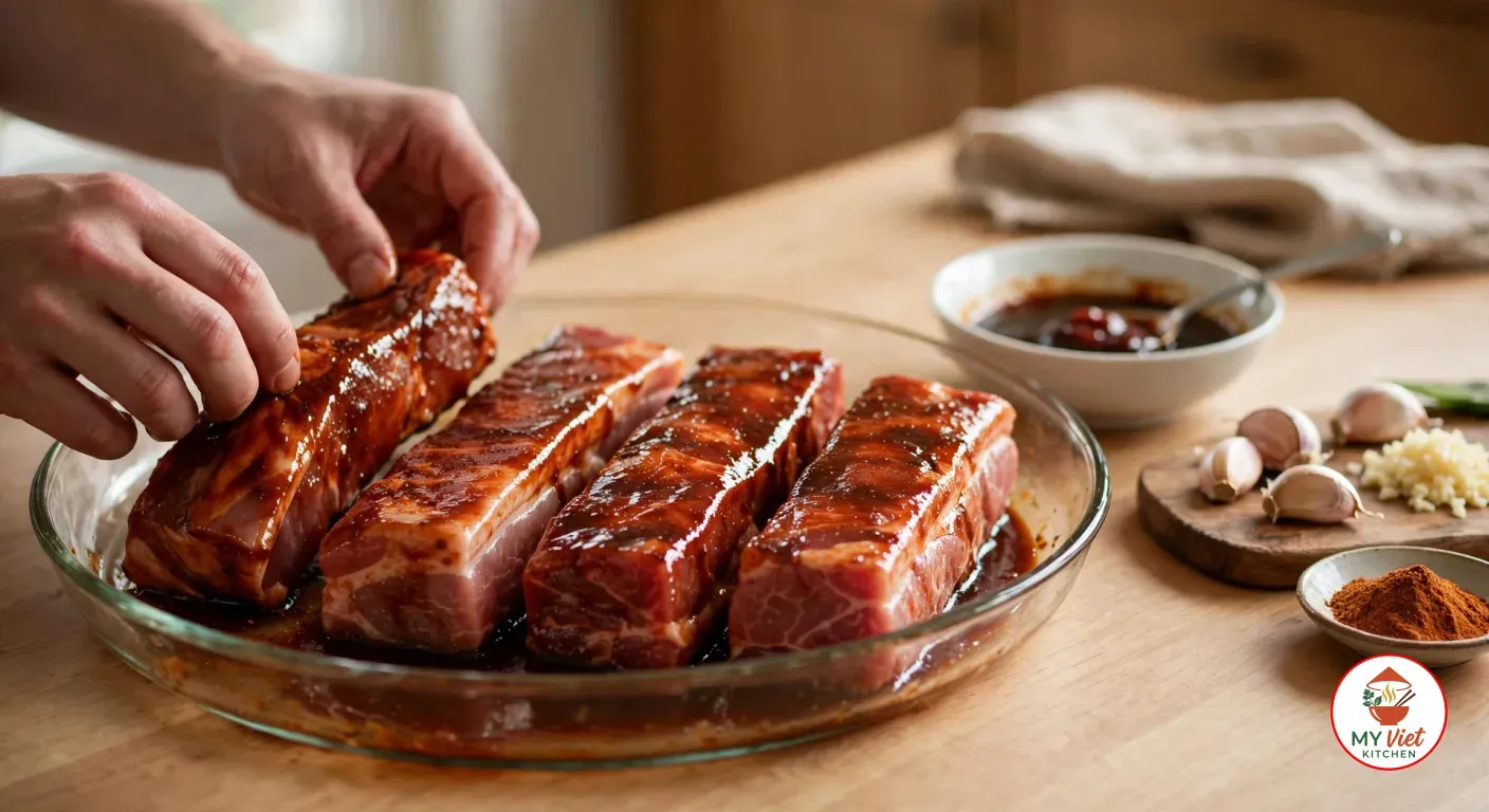 Hands turning thick strips of raw pork shoulder coated in glossy dark red marinade in a round glass dish, beside a small bowl of reserved marinade, garlic cloves, minced garlic and a dish of five-spice powder on a wooden counter