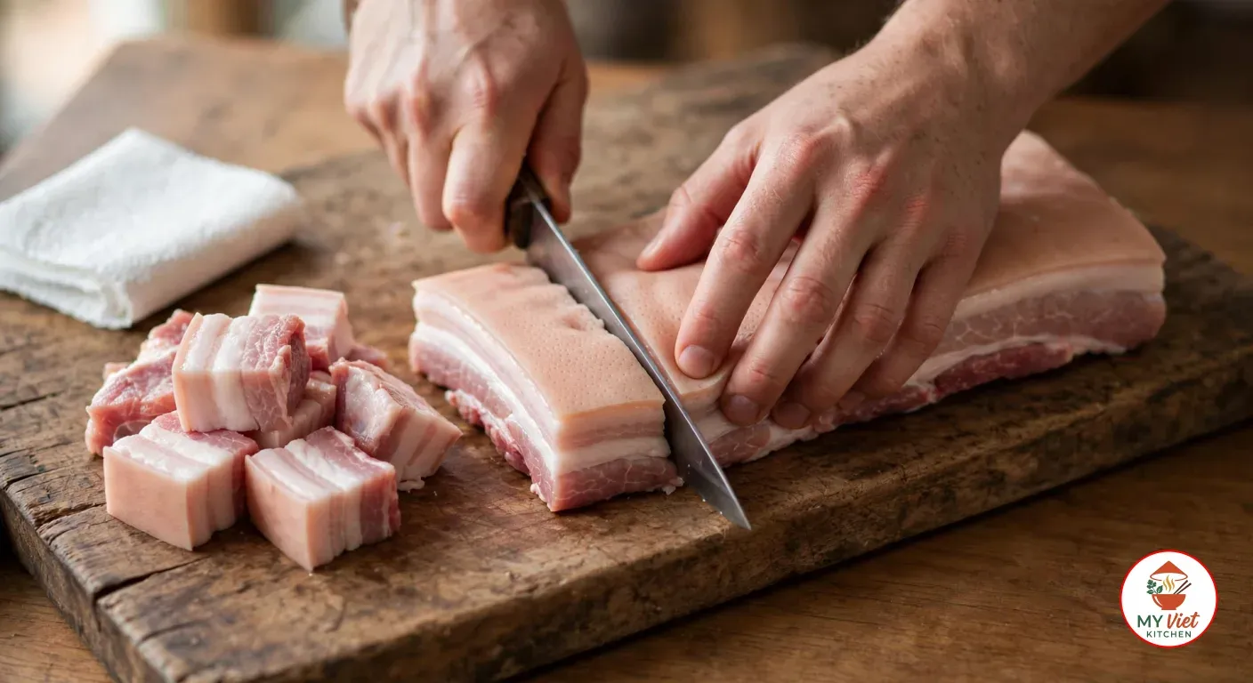 Hands cutting a slab of skin-on pork belly into chunks with a chef's knife on a wooden board, cut chunks piled beside it