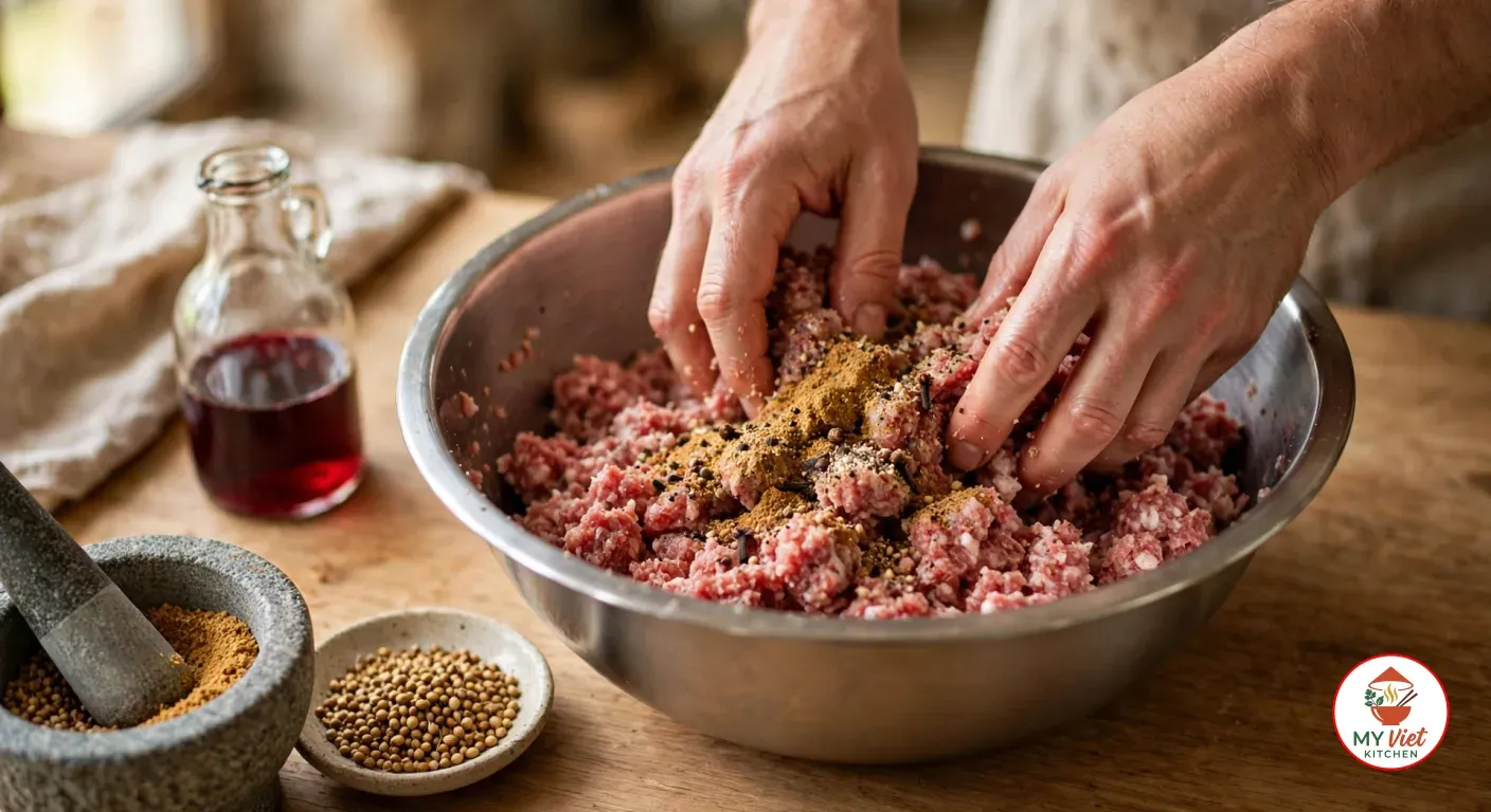 Mixing coarse minced beef and pork with ground toasted coriander, black pepper and cloves by hand in a large stainless steel bowl on a wooden counter, a stone mortar of ground coriander, a small dish of whole toasted coriander seeds and a glass jug of red wine vinegar beside it