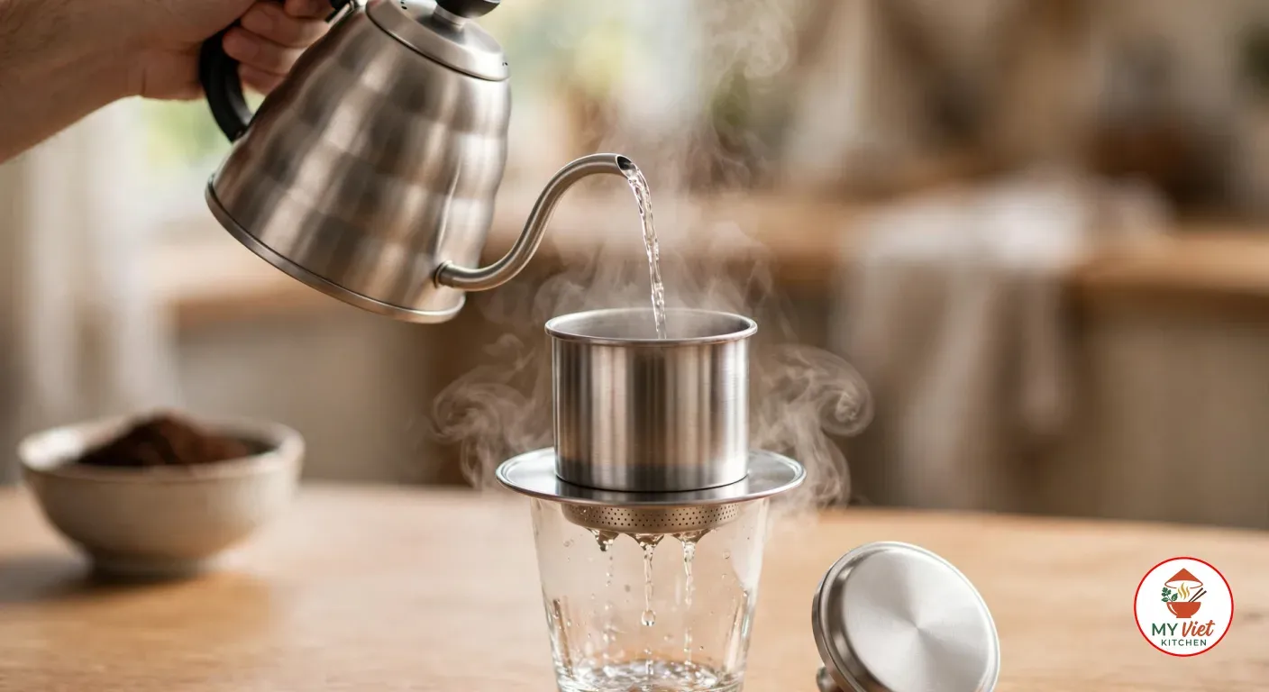 Hot water poured from a stainless steel gooseneck kettle through an empty phin into a glass to warm it, the phin lid resting on the table