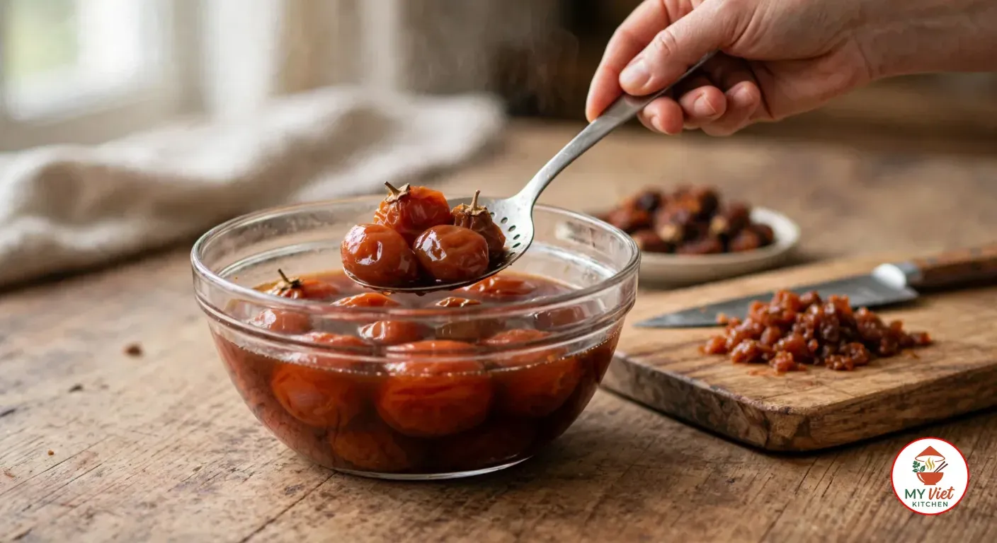 Lifting plump, softened bush tomatoes with a slotted metal spoon from a clear glass bowl where they soak in dark reddish-brown liquid, with a pile of chopped rehydrated bush tomatoes and a chef's knife on a wooden board and a dish of dried bush tomatoes behind