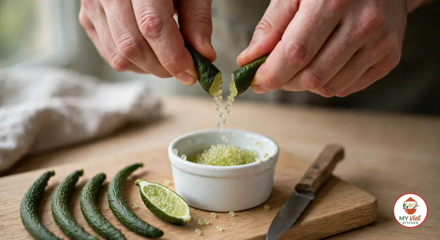 Two hands squeezing the cut halves of a dark green finger lime so tiny pale green pearls fall into a small white ramekin, with four whole finger limes and a split one on an oak board beside a paring knife