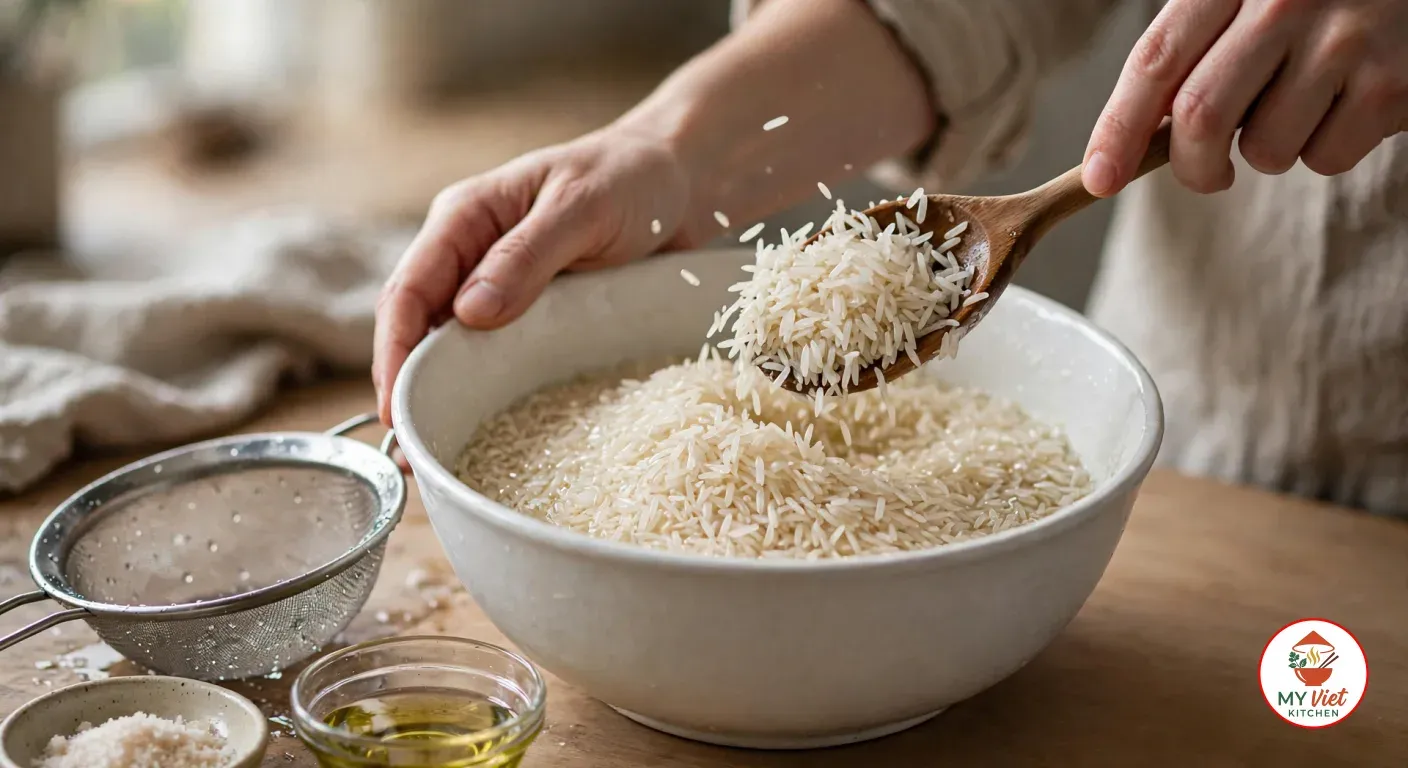 A hand lifting a wooden spoonful of rinsed, oil-coated jasmine rice over a white ceramic bowl of rice, the other hand steadying the bowl, beside a wet mesh strainer, a dish of coarse salt and a small glass bowl of oil