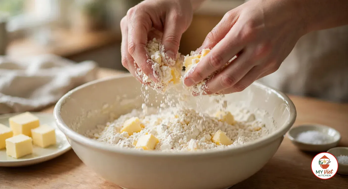 Two hands rubbing cubes of cold butter into self-raising flour in a cream ceramic mixing bowl, crumbs falling back into the bowl, with a plate of butter cubes and a small dish of salt on a wooden worktop