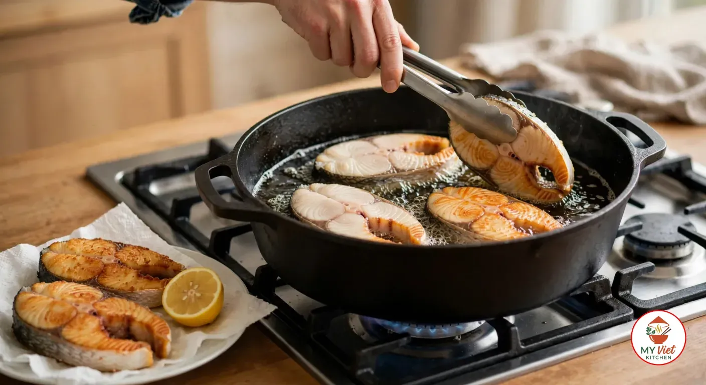 Turning a golden fried fish steak with metal tongs in hot oil in a wide black cast-iron pot on a gas stove, three more fish steaks frying beside it, two fried steaks and half a lemon resting on a plate lined with paper towels