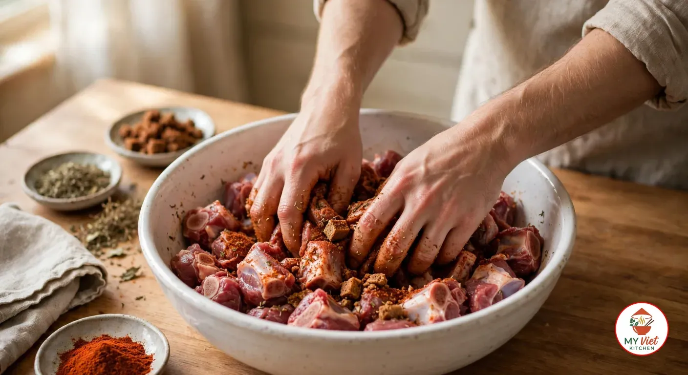 Rubbing smoked paprika, thyme and crumbled seasoning cube into raw bone-in goat meat pieces in a large white bowl, beside small dishes of spices