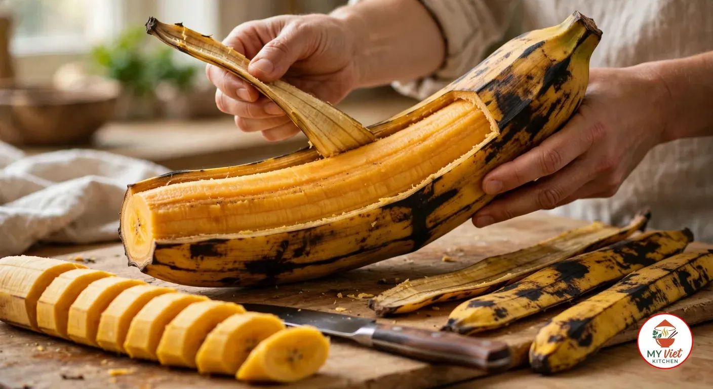 Hands peeling a strip of skin from a large, black-spotted ripe plantain, with a sliced plantain and a knife on the wooden board