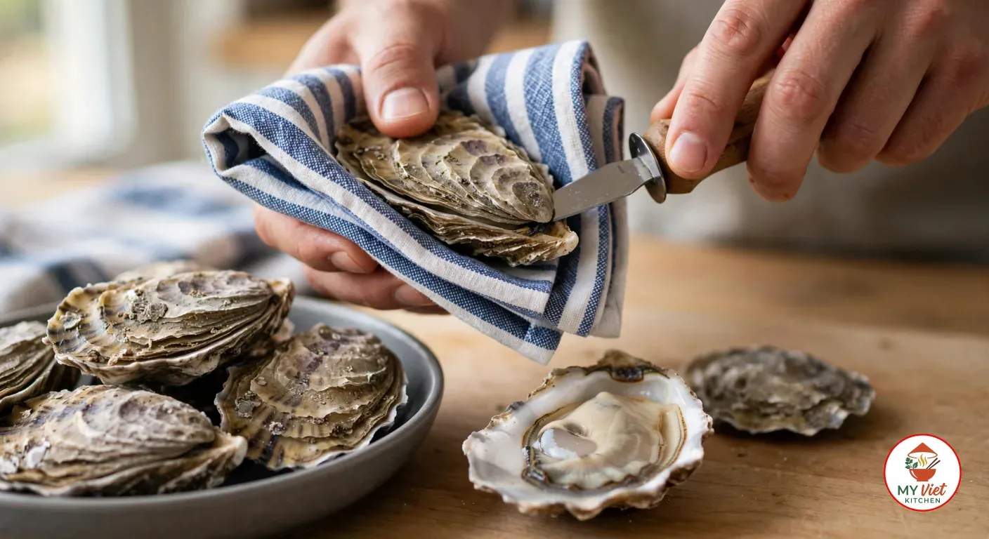 Prying open a closed Bluff oyster at its hinge with a short wooden-handled oyster knife, the rough grey shell held flat side up in a folded blue-and-white striped tea towel, a bowl of closed oysters and an opened half shell with its plump creamy oyster on the wooden board beside it