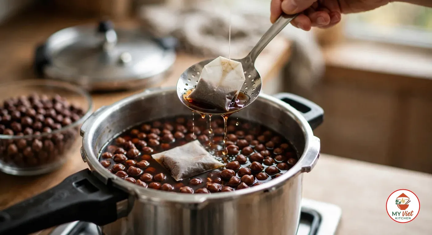 A hand lifting a soaked tea bag on a slotted spoon out of an open stainless-steel pressure cooker of chickpeas stained dark brown in their cooking liquid, with a second tea bag floating and the cooker lid behind