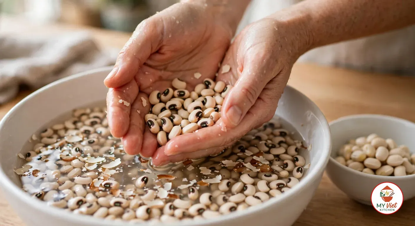 Hands rubbing soaked black-eyed peas in a bowl of water to loosen and float off the skins