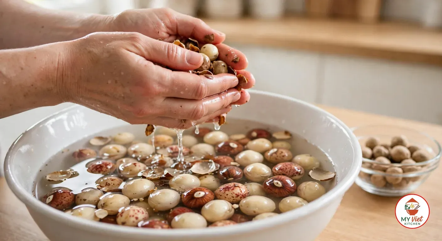 Hands rubbing soaked bambara groundnuts over a white bowl of water, the swollen cream and red-speckled beans in the water with loosened skins floating, beside a glass bowl of dry groundnuts