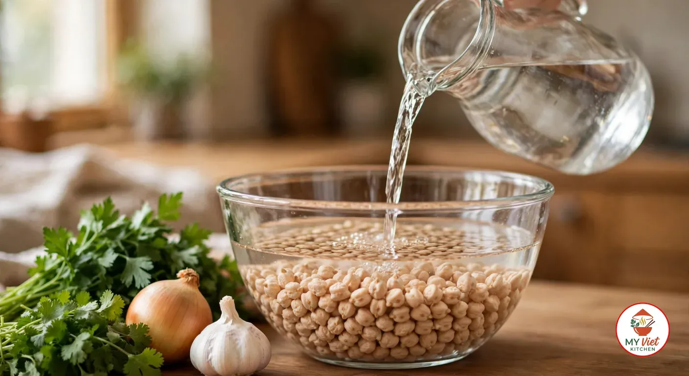 A hand pouring water from a glass jug into a clear glass bowl of dried, pale beige chickpeas on a wooden counter, beside fresh parsley and cilantro, a yellow onion and a garlic bulb