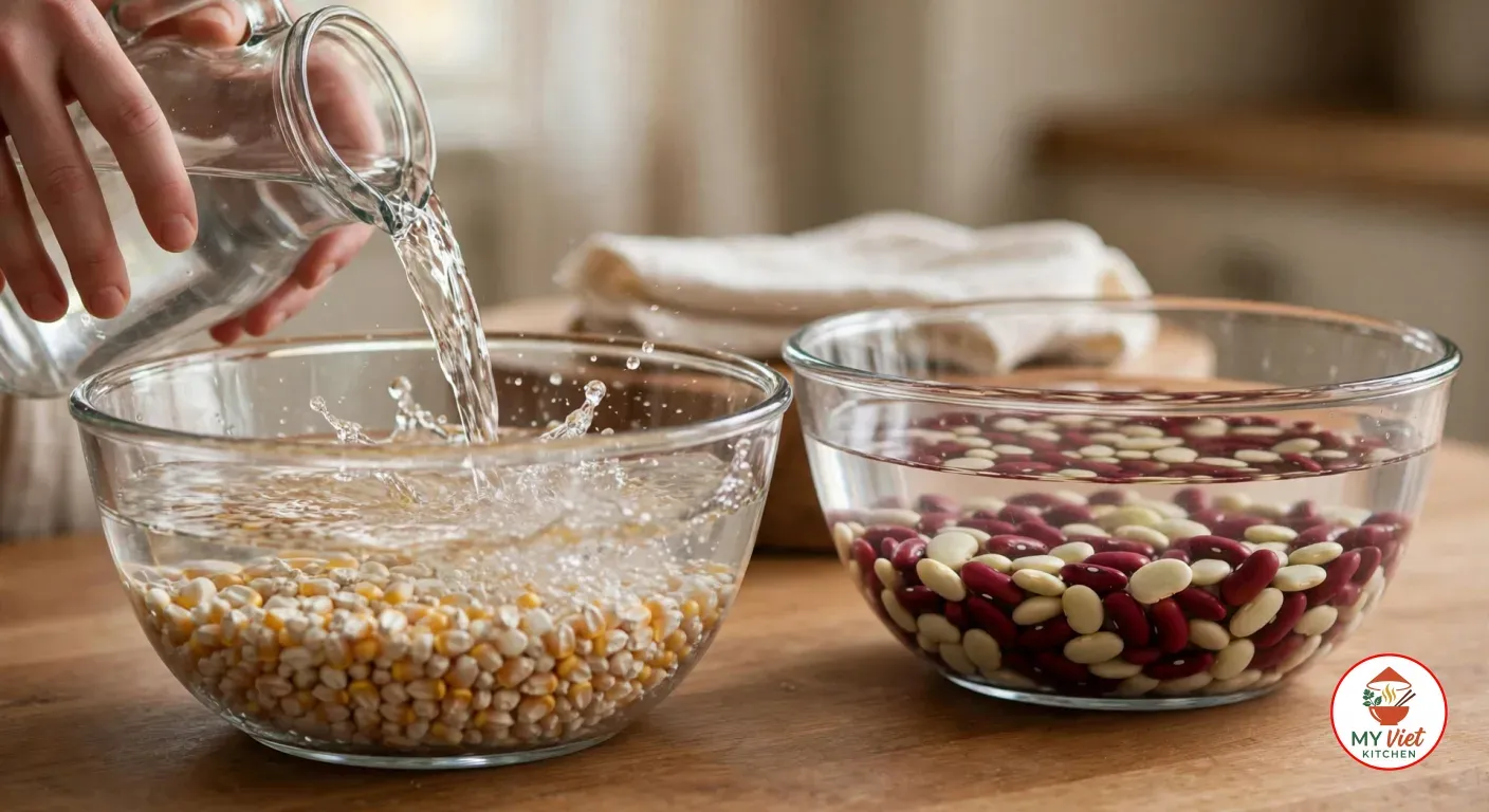 Pouring cold water from a glass jug over dried white and yellow corn kernels in a glass bowl, beside a second glass bowl of red kidney beans and pale lima beans already covered with water, on a wooden counter