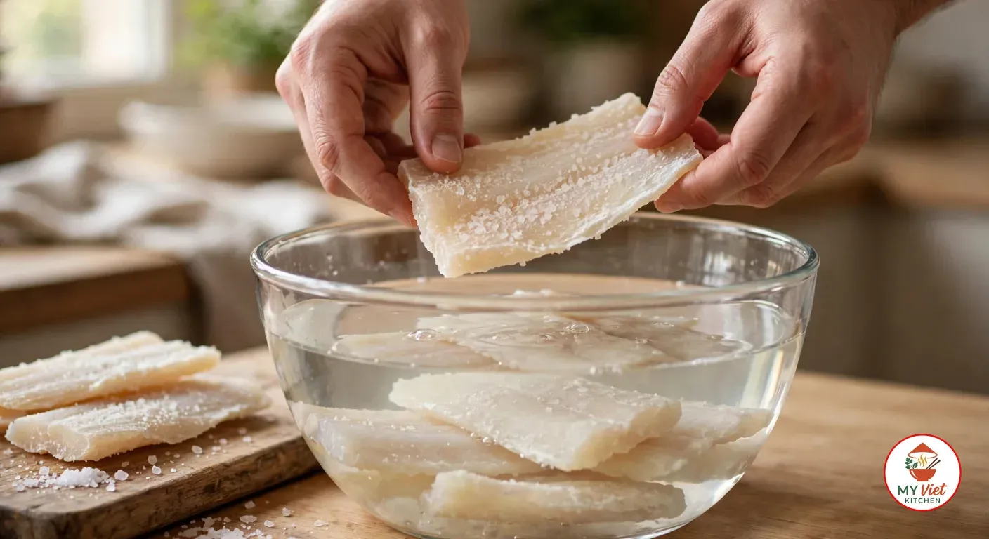 Lowering a flat piece of dried salt cod crusted with coarse salt into a glass bowl of cold water where more pieces soak, beside a wooden board with two more salted pieces on a wooden counter