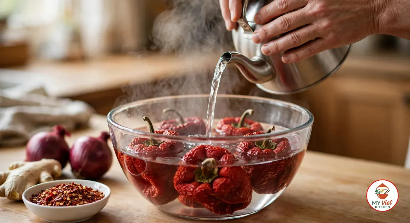 A hand pouring steaming water from a stainless-steel kettle into a glass bowl of wrinkled, deep red dried bell peppers, beside a small white bowl of red pepper flakes, a knob of ginger and two red onions on a wooden counter