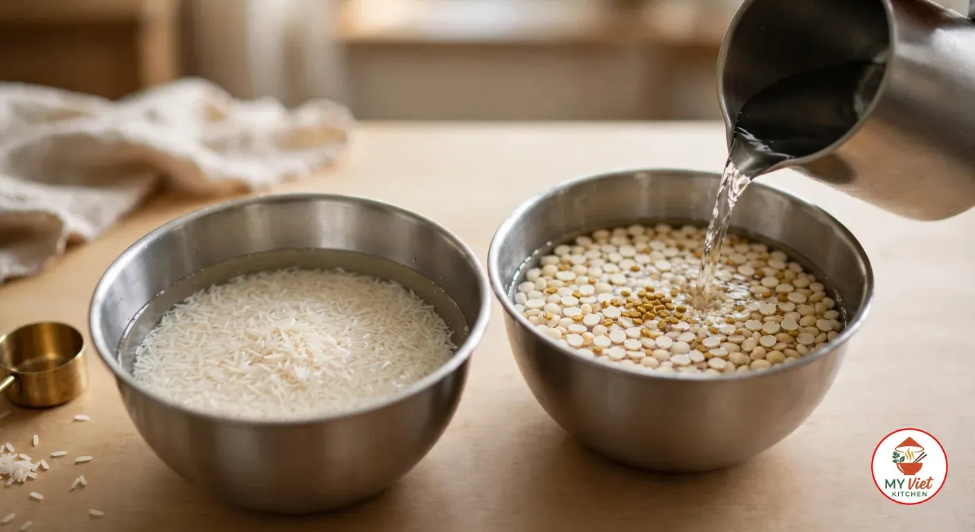 Two stainless-steel bowls on a light wooden counter, one of raw white rice under water and one of creamy-white split urad dal with a small pinch of yellow-brown fenugreek seeds, as water pours into the dal from a steel jug