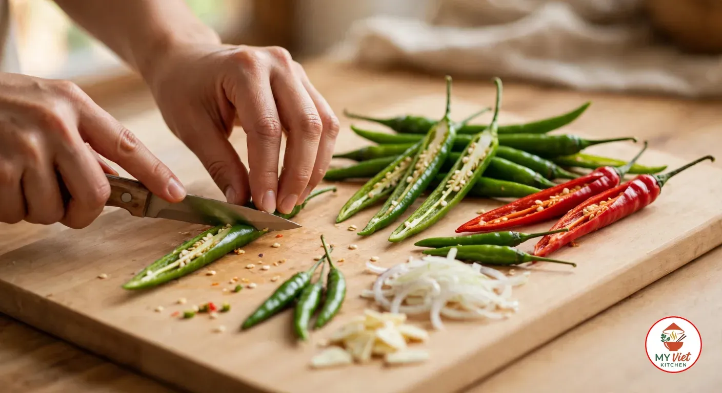 Two hands splitting a long green chili lengthwise with a small knife on a wooden board, beside a pile of split green and red chilies, three thin green chilies, sliced onion and garlic