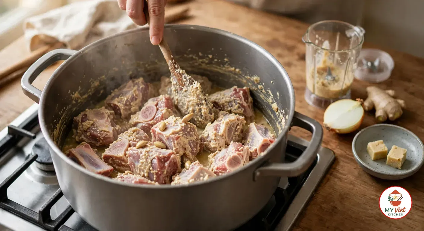 A hand turning bone-in goat chunks coated in a pale beige onion and ginger paste with a wooden spoon in a wide aluminium pot on a gas hob, beside a blender jug, half an onion, a knob of ginger and a dish of two seasoning cubes