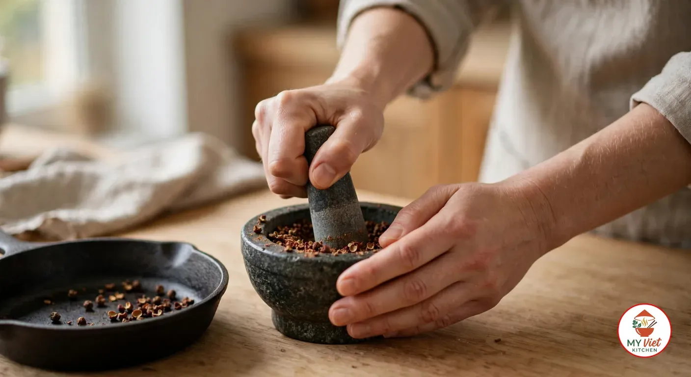 Two hands grinding toasted red-brown Sichuan peppercorns with a stone pestle in a dark granite mortar on a wooden counter, next to a small cast-iron skillet holding a few more toasted peppercorns