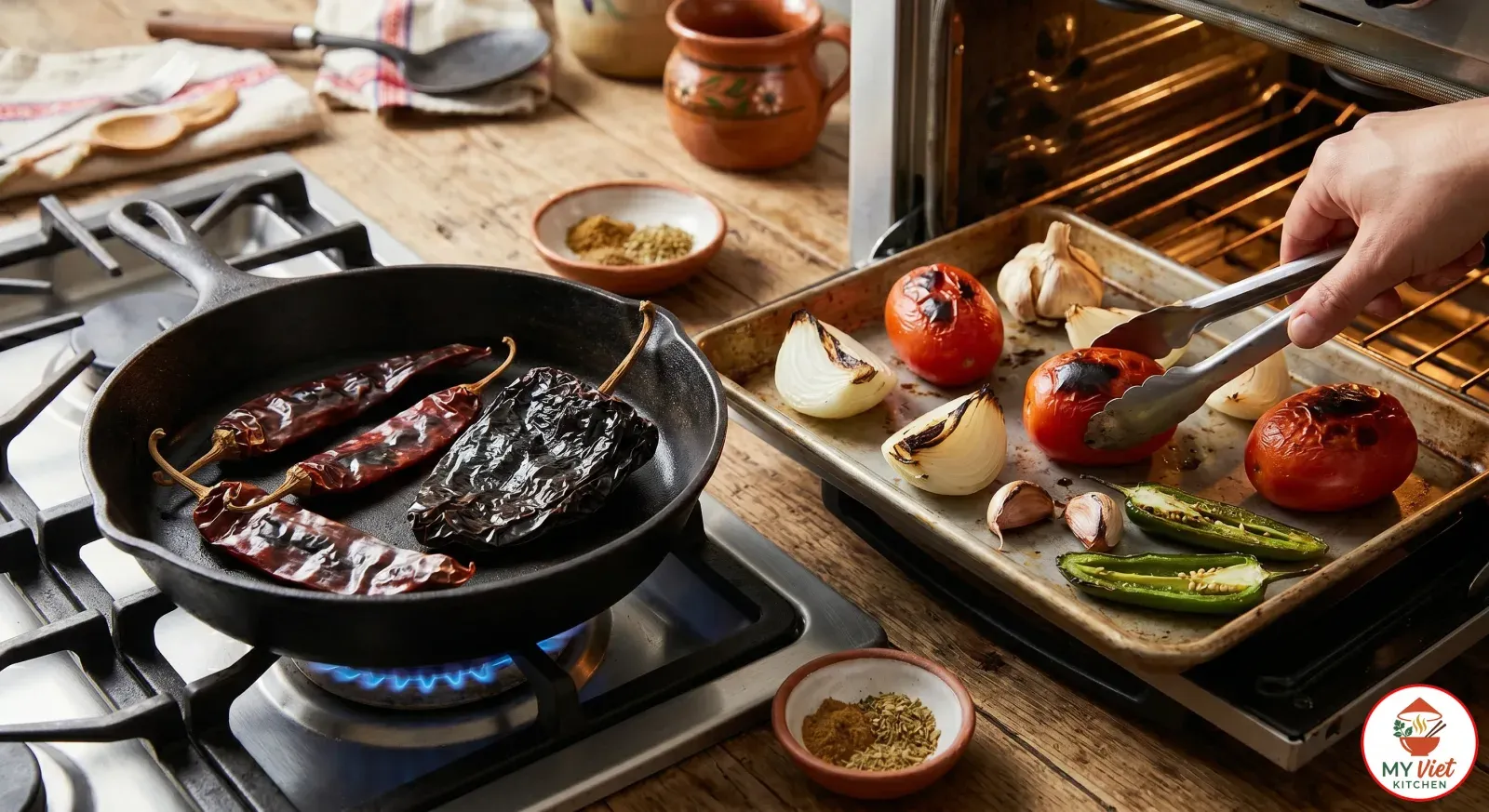 Step 1- Toast the Dried Chiles and Roast the Vegetables