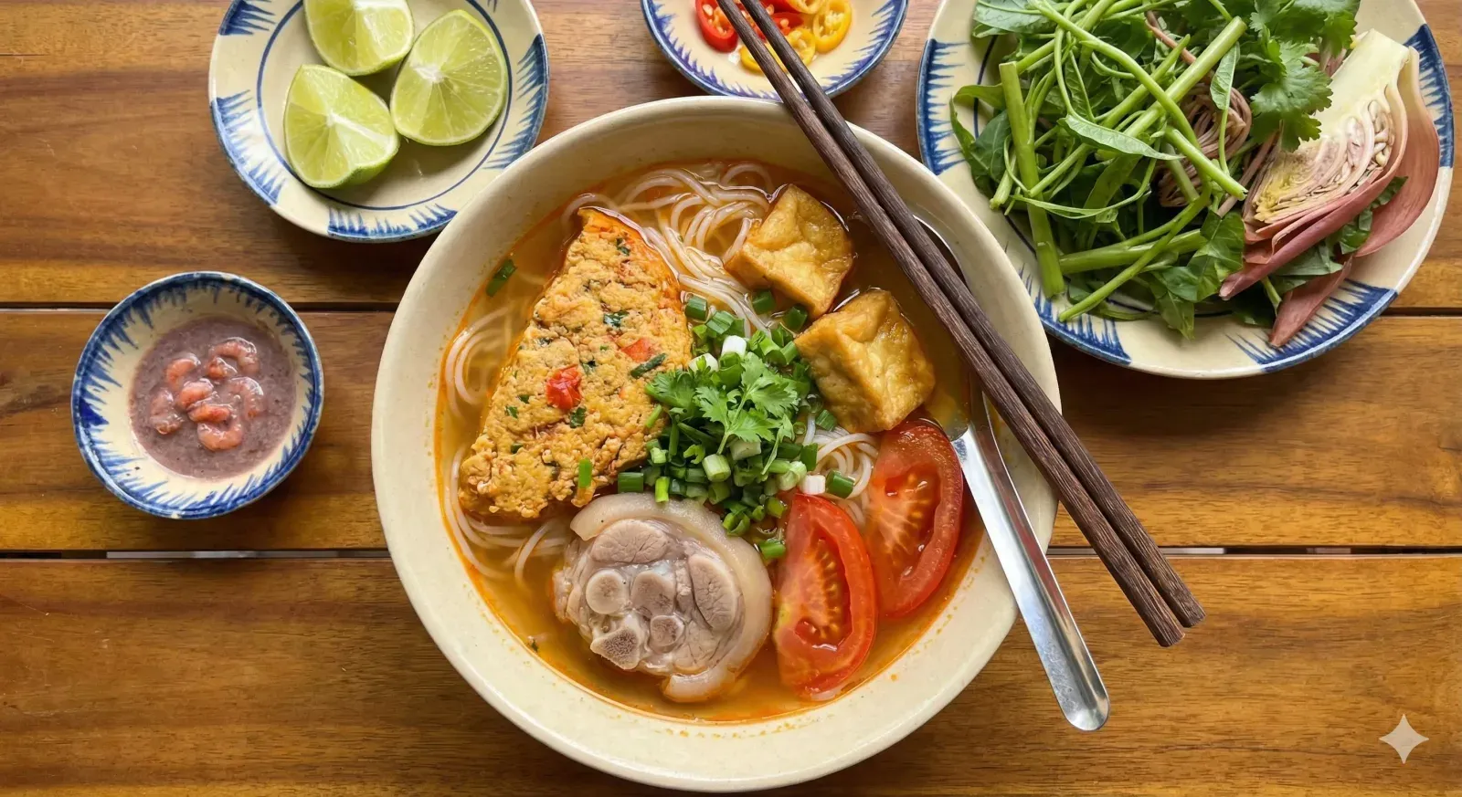 Serving Vietnamese crab noodle soup bun rieu with fresh toppings