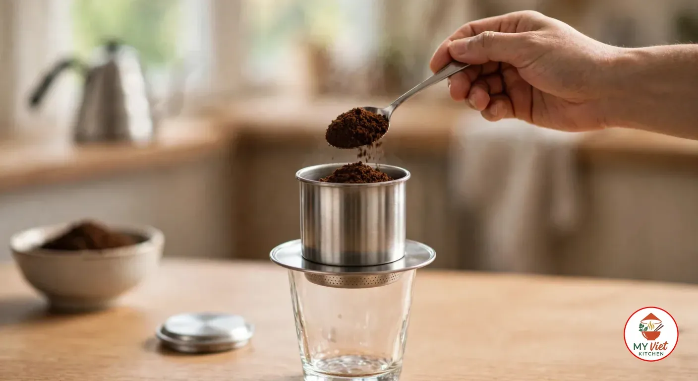 A spoonful of dark ground coffee tipped into a stainless steel phin set on an empty glass, a bowl of grounds and the phin lid on the table